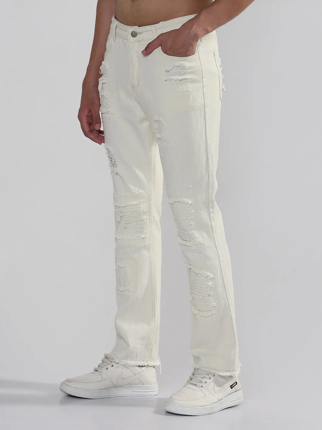 Minimalist Trendy Everyday Tear Resistant Denim Men's White Slim Fit Distressed Jeans