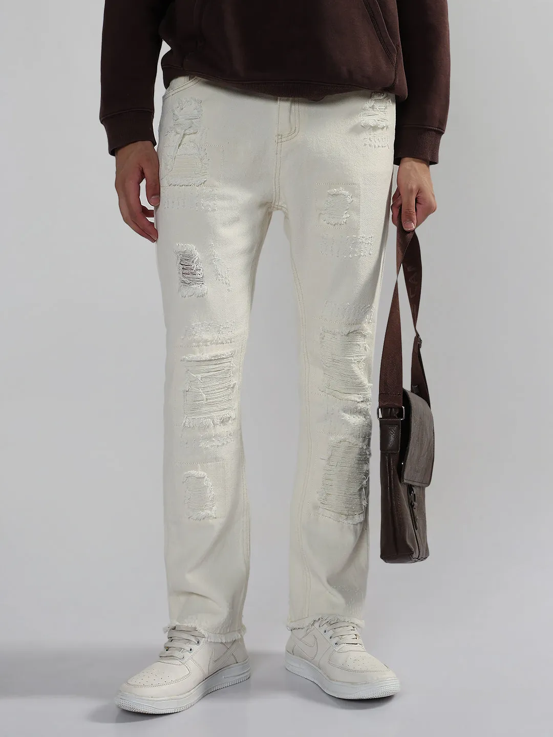 Men's White Slim Fit Distressed Jeans Date Night Sustainable