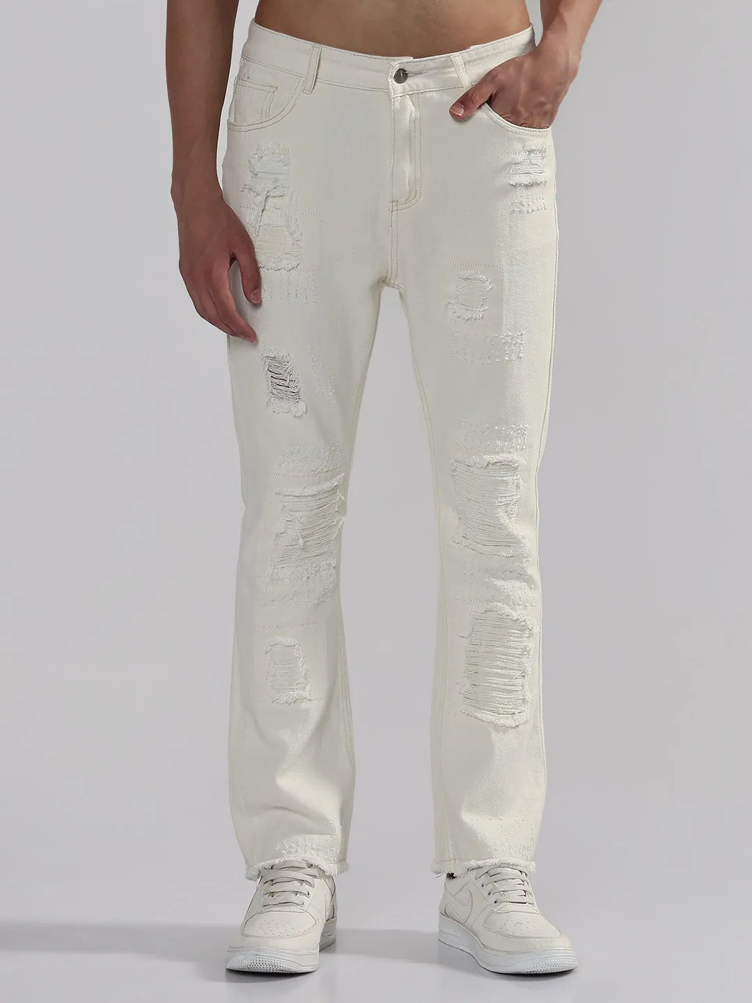 Refined Detail Comfortable Waist Men's White Slim Fit Distressed Jeans