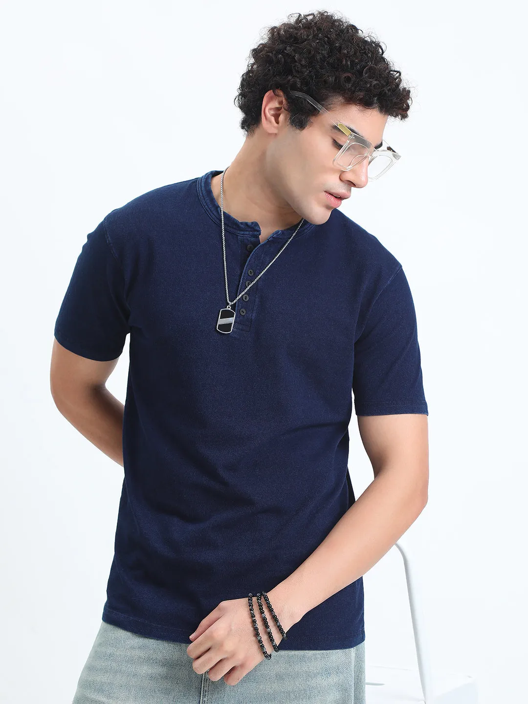 Family Style Men's Navy Blue Henley Collar Regular Fit T-Shirt