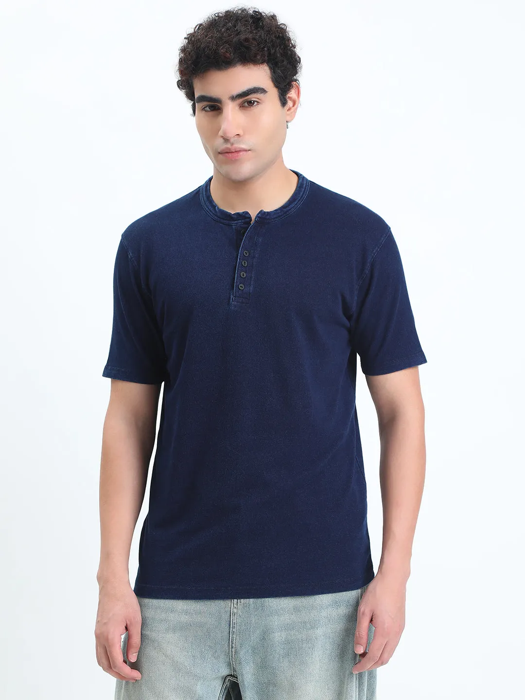 Men's Navy Blue Henley Collar Regular Fit T-Shirt british retro