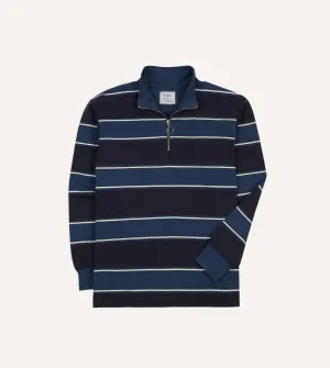 Drake's by A. Levine Navy Stripe Cotton Quarter Zip Rugby Shirt Unisex Fresh Look