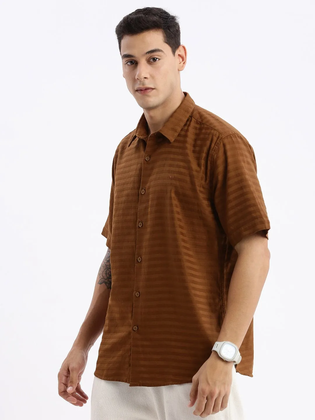 Push Edge Men's Brown Standard Slim Fit Horizontal Striped Spread Collar Twill Weave Cotton Shirt