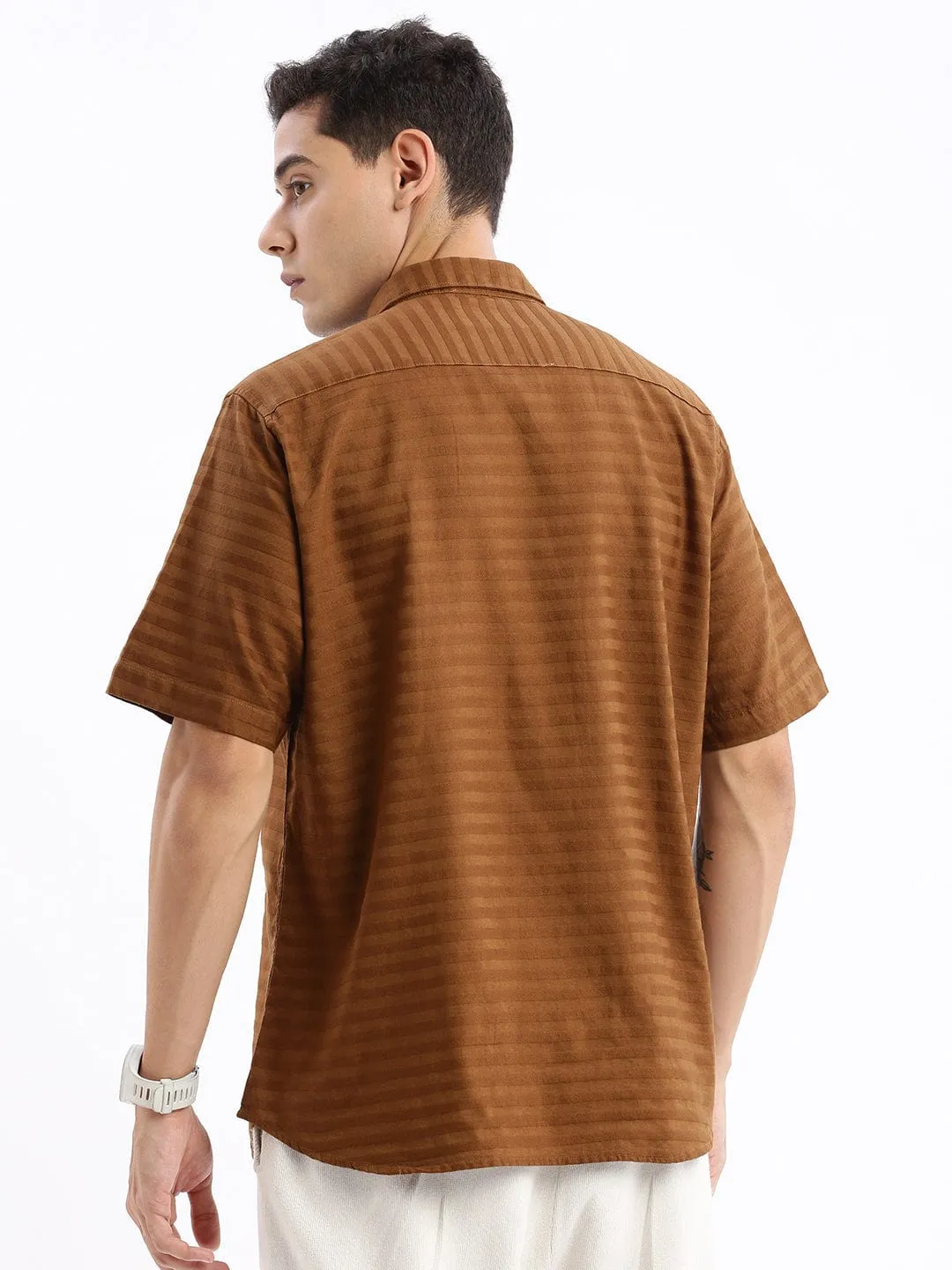 Men's Brown Standard Slim Fit Horizontal Striped Spread Collar Twill Weave Cotton Shirt Recycle Glow Trendy Boots