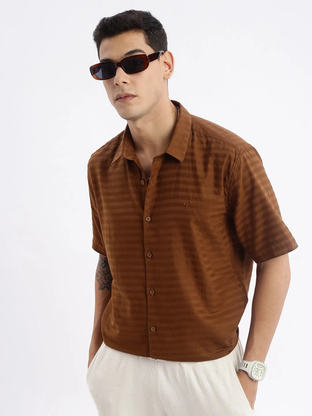 ReinforcedHem Downtown Cool Men's Brown Standard Slim Fit Horizontal Striped Spread Collar Twill Weave Cotton Shirt