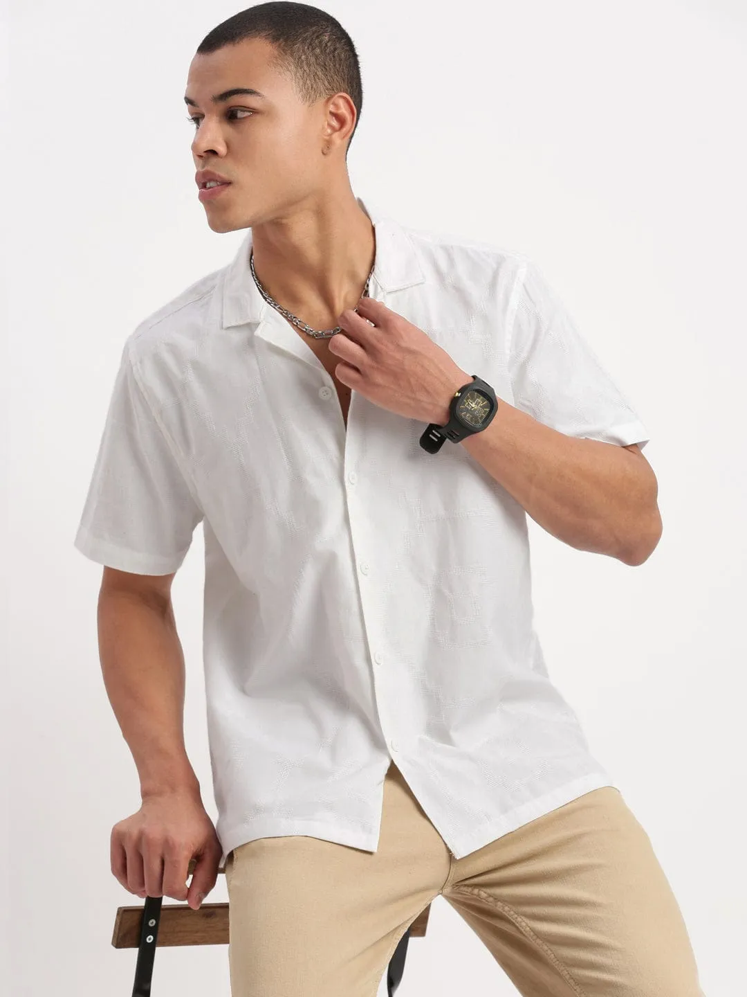 Minimal Mood Tulle Soul Men's Cuban Collar Solid White Shirt