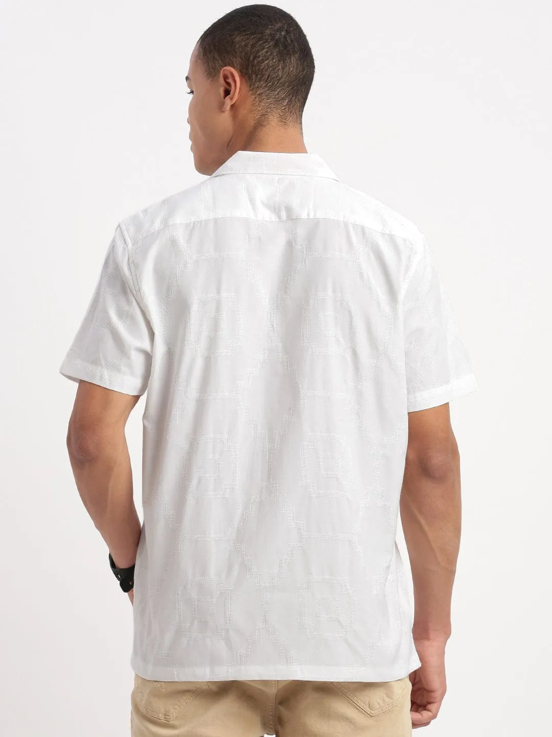 Men's Cuban Collar Solid White Shirt Mediterranean Air NonRestrictive Design