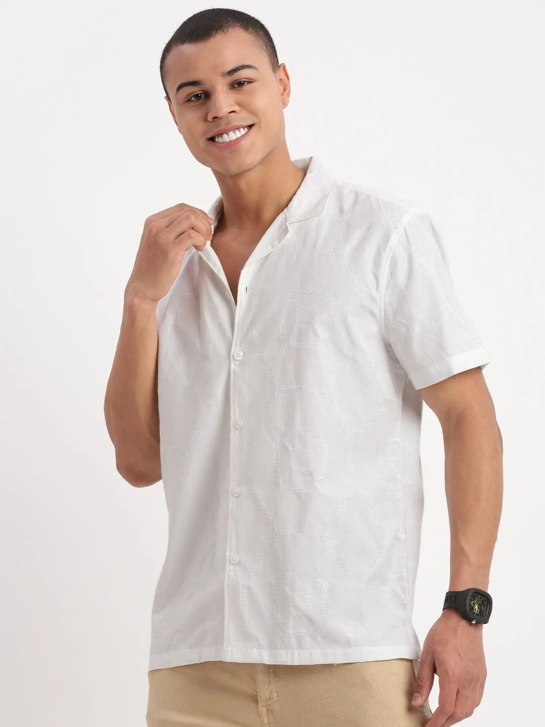 Men's Cuban Collar Solid White Shirt Colorfast Technology DoubleLayeredEdging