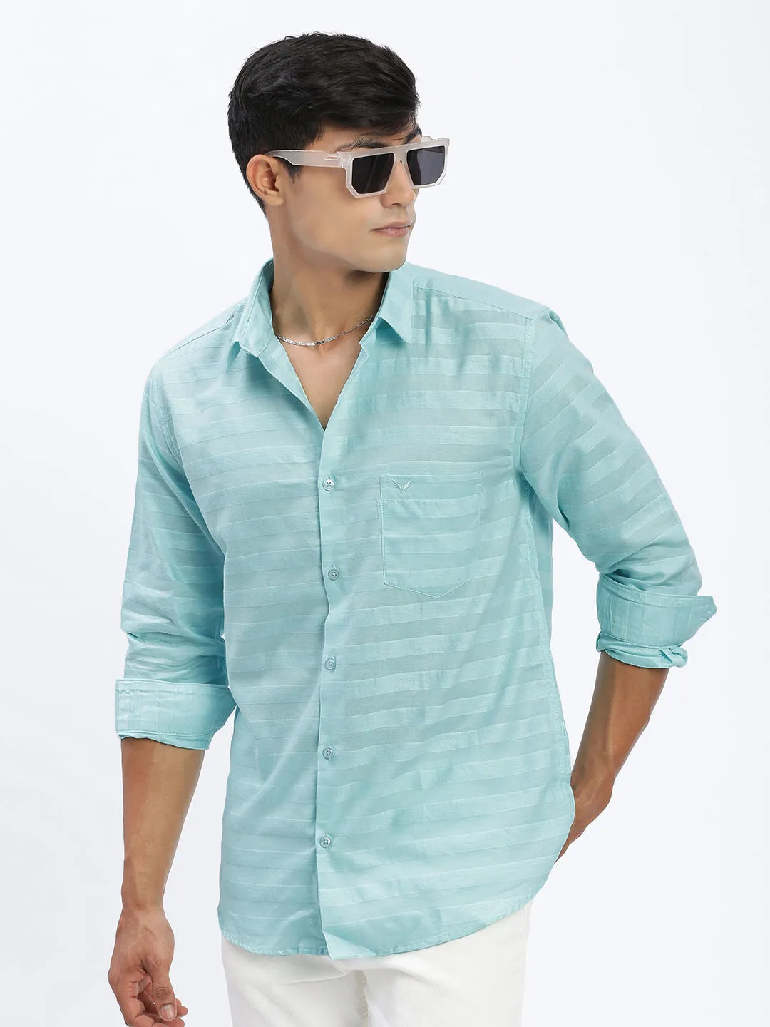 FadeResistant Color Durable Reinforced Edges Men's Blue Standard Spread Collar Textured Cotton Casual Shirt