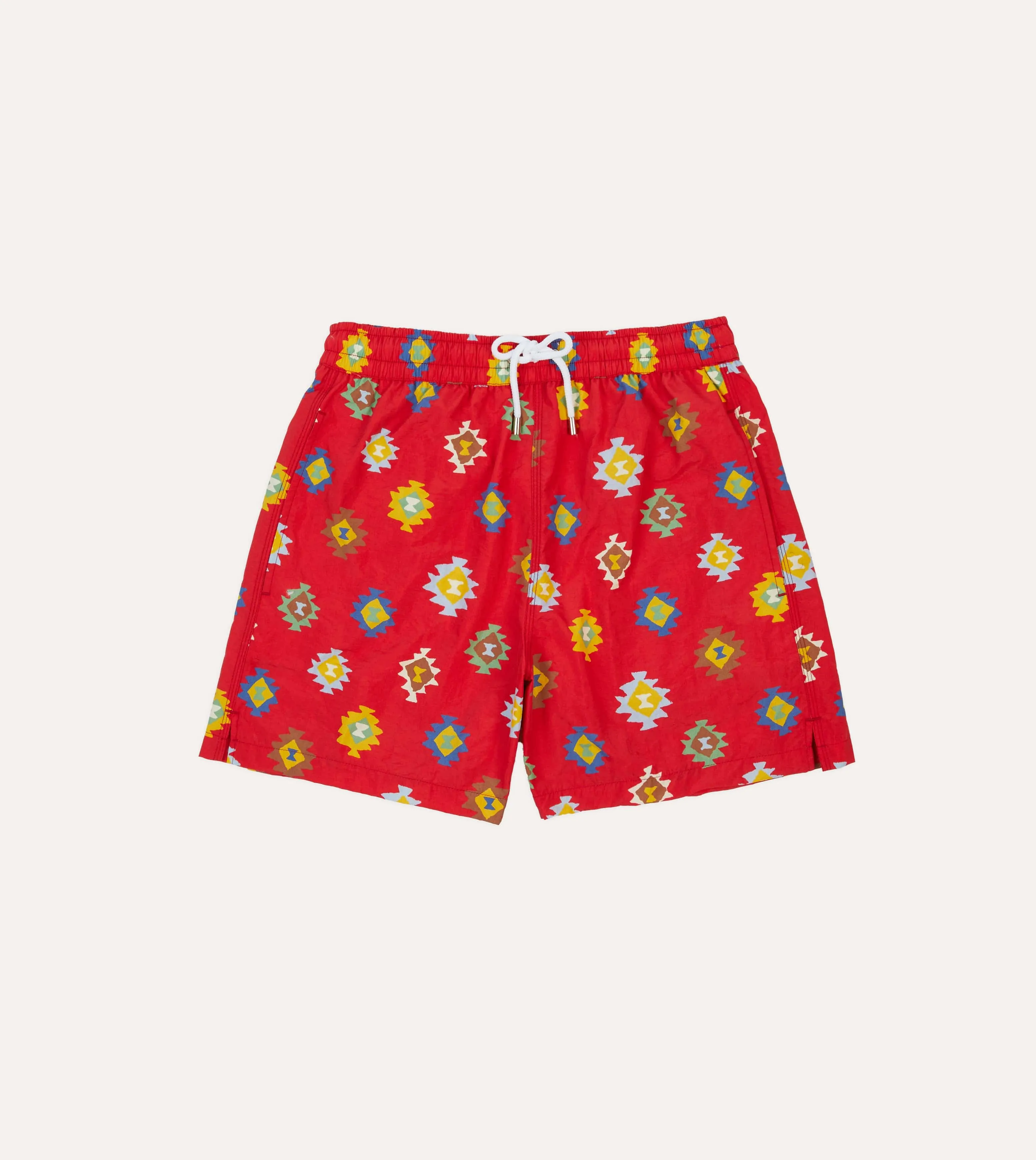 All Weather Fit Red Kilim Print Nylon Drawstring Swim Shorts