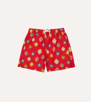 All Weather Fit Red Kilim Print Nylon Drawstring Swim Shorts
