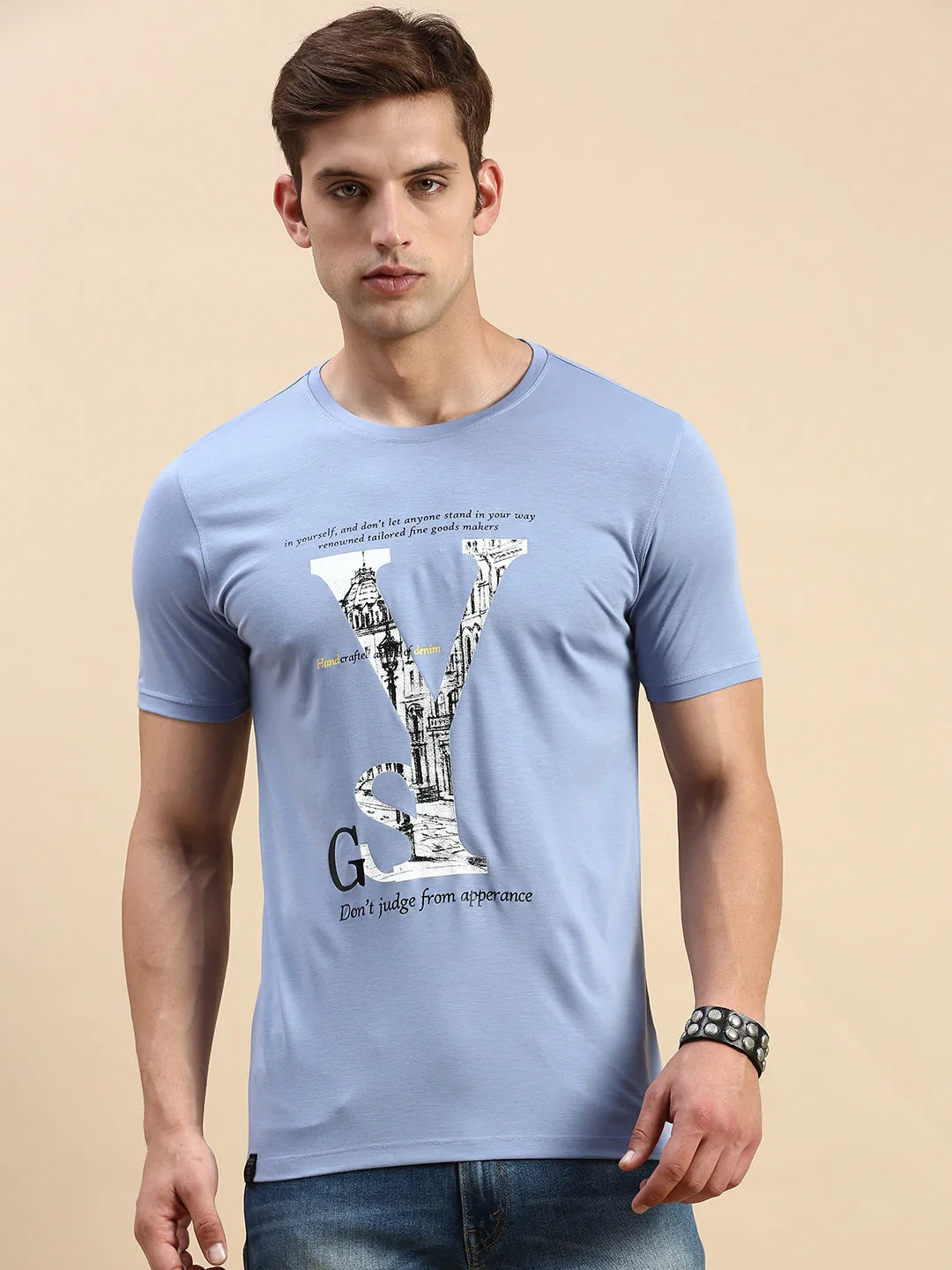 Men's Lavender Typography Printed Slim Fit T-shirt Weekend Wear Unique