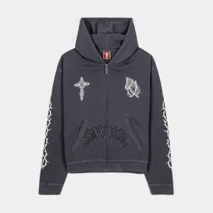 running suitable sock accents Prayer Washed Zip Up Mens Hoodie (Grey/Beige)