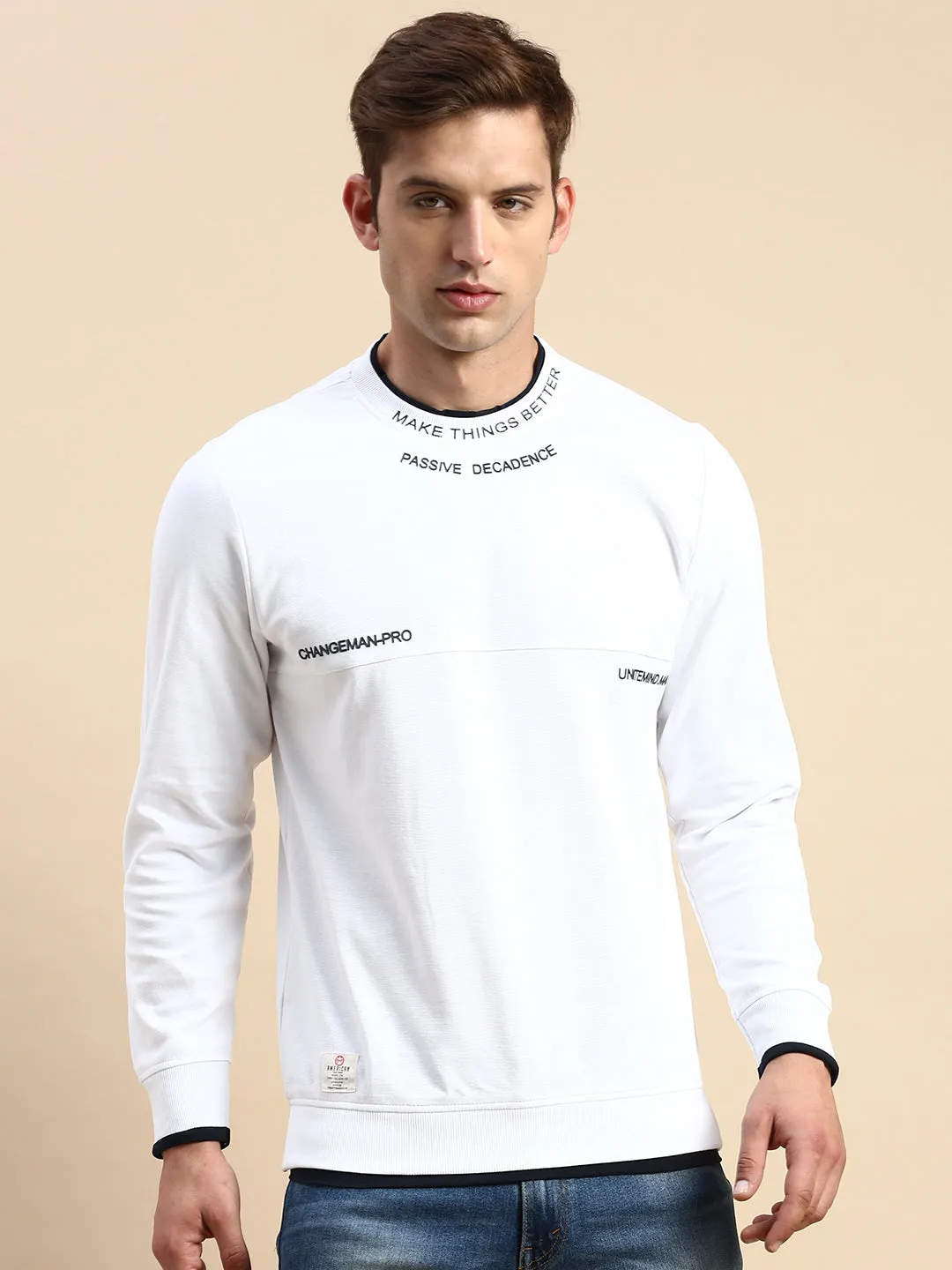 Fashion Trend Layer Minimal Men's White Round Neck Sweatshirt