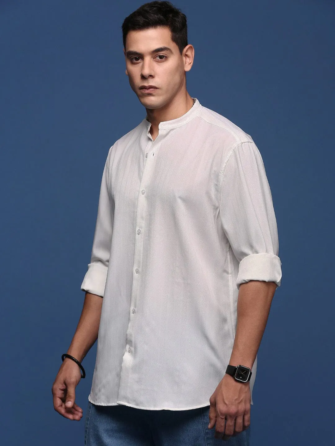 Spanish Glow Men's Mandarin Collar Solid White Slim Fit Shirt