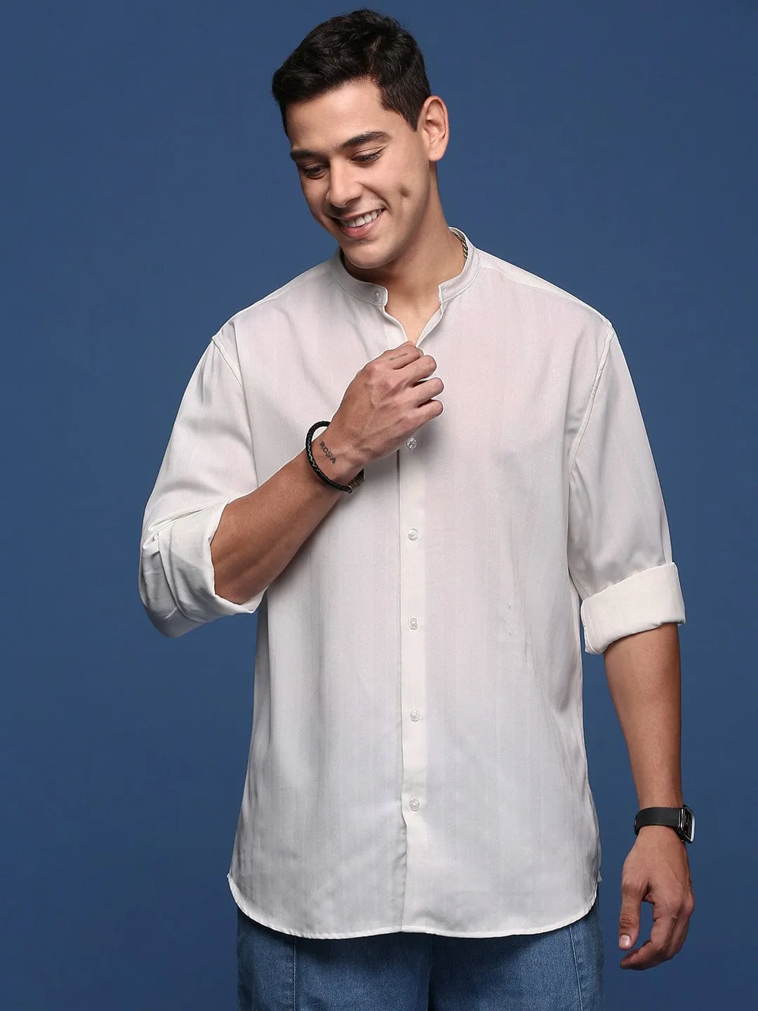 Men's Mandarin Collar Solid White Slim Fit Shirt LowMaintenanceFabric