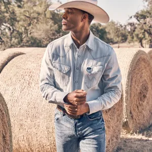 Wrangler Men's L/S Vintage Inspired Denim Western Snap Work Shirt in White Stonewash Printed Logo Oversized Cut