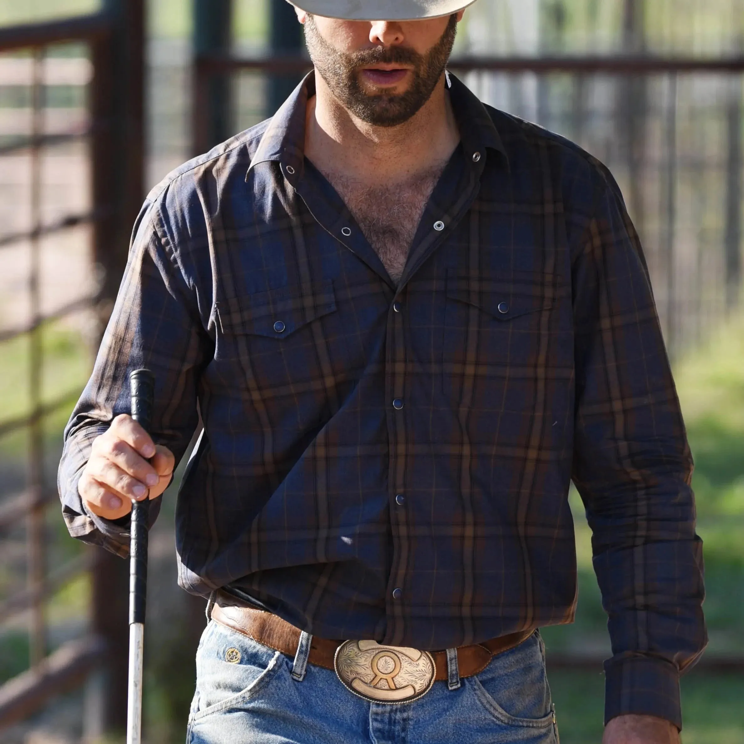 Flynt Western Men's Amistad Western Pearl Snap Shirt in Dark Blue Plaid BiodegradableMaterial