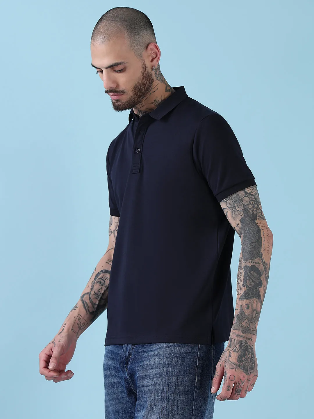 FormFitting Cut Lightweight Feel Men's Navy Blue Solid Polo Collar T-Shirt