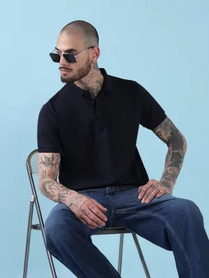 Men's Navy Blue Solid Polo Collar T-Shirt SoftTouchLining Comfortable Layer