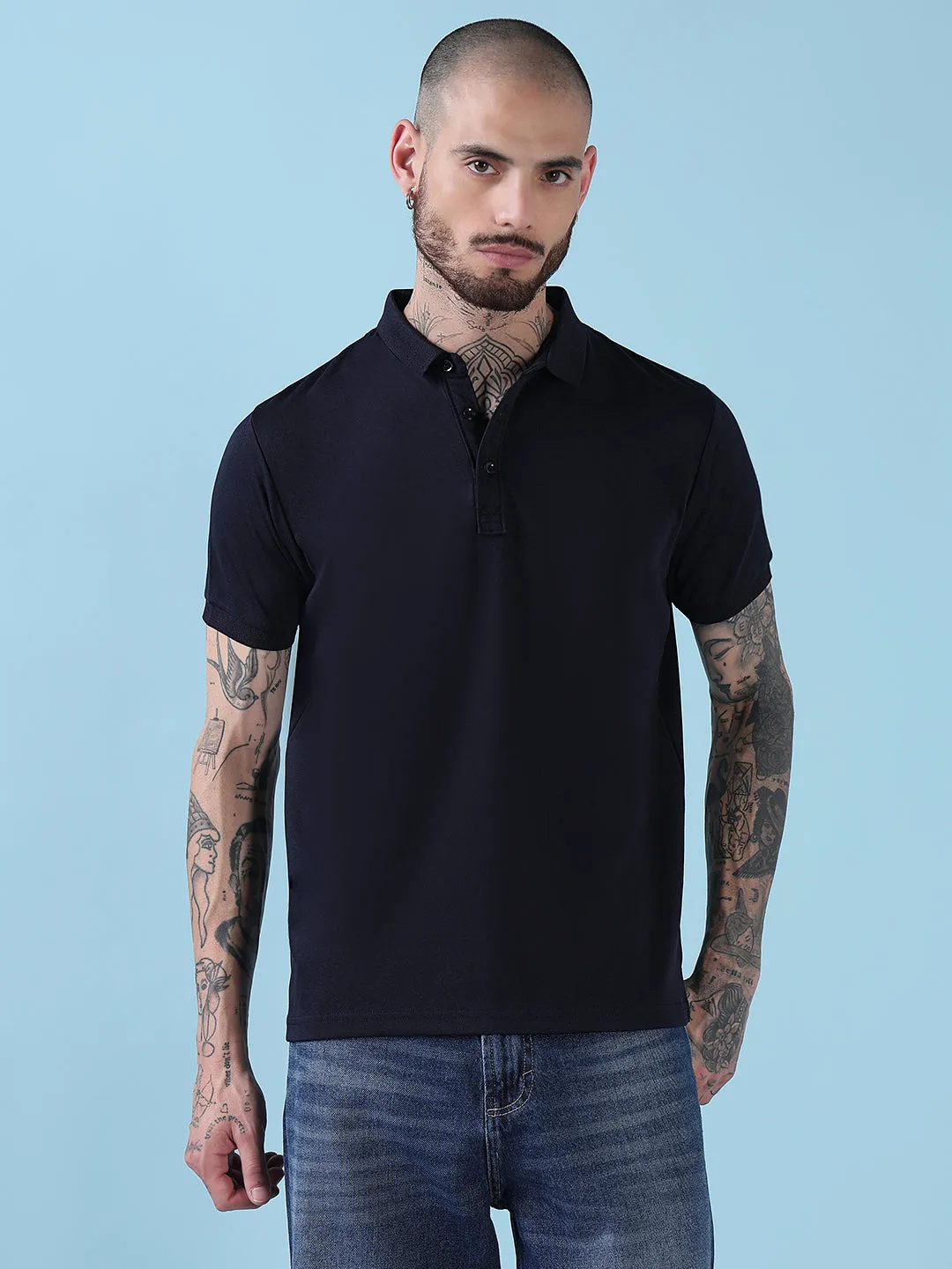Men's Navy Blue Solid Polo Collar T-Shirt Sporty Style