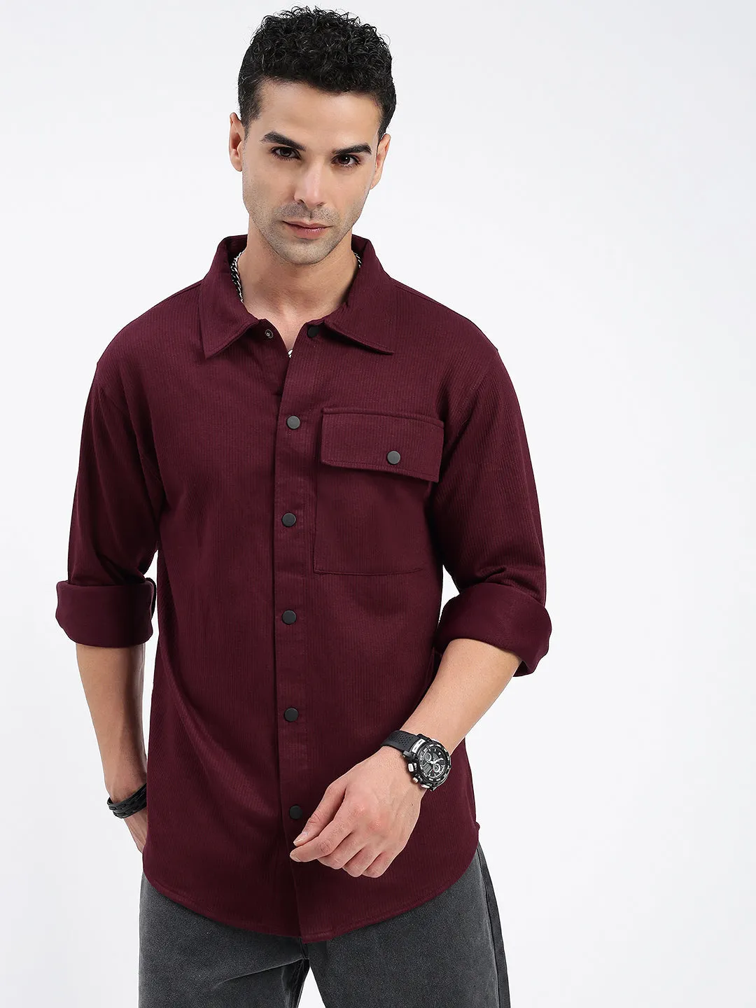 Men's Burgundy Standard Spread Collar Textured Cotton Casual Shirt Airflow Mesh Panels Flexible Hemline