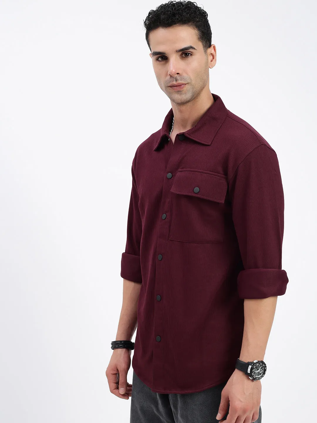 Brunch Fit Men's Burgundy Standard Spread Collar Textured Cotton Casual Shirt