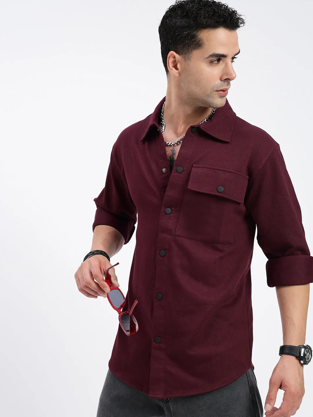 Men's Burgundy Standard Spread Collar Textured Cotton Casual Shirt Active Ease Polish Glow