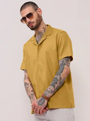 Men's Mustard Solid Cuban Collar Shirt Flexible Fit