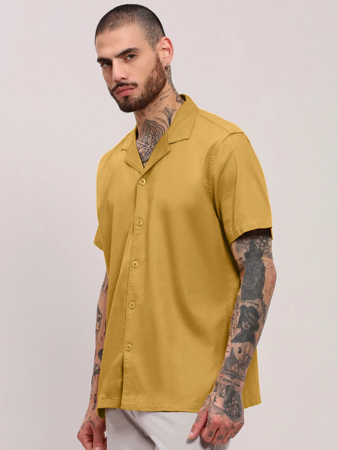 Men's Mustard Solid Cuban Collar Shirt Versatile Fashion Street Wear