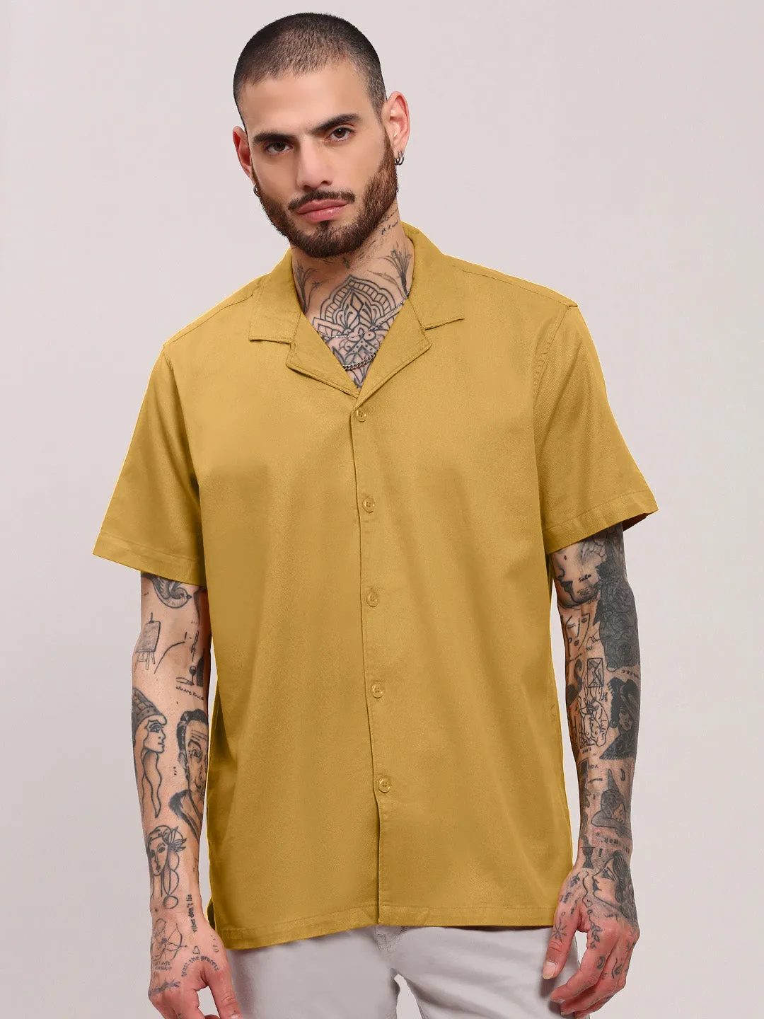 Gloss Glow QuickDry Construction Men's Mustard Solid Cuban Collar Shirt