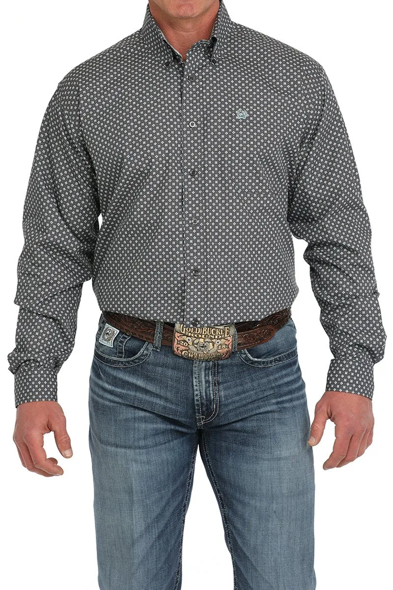 MicroPiqueKnit Cinch Men's L/S Classic Fit Geometric Western Button Down Shirt in Gray