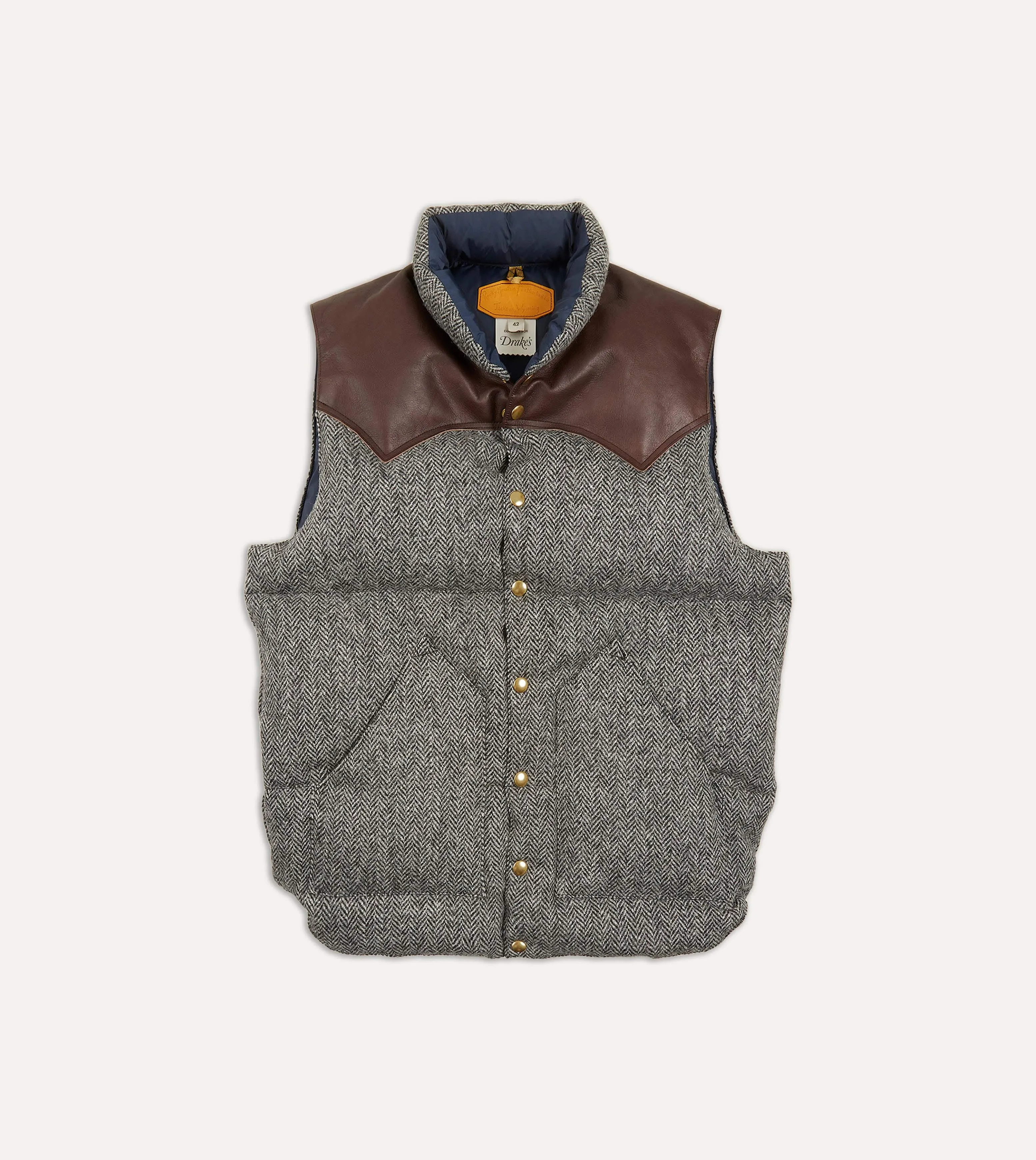 Rocky Mountain Featherbed for Drake's Herringbone Harris Tweed Leather Christy Down Vest Ski Use Seamless Street Fit