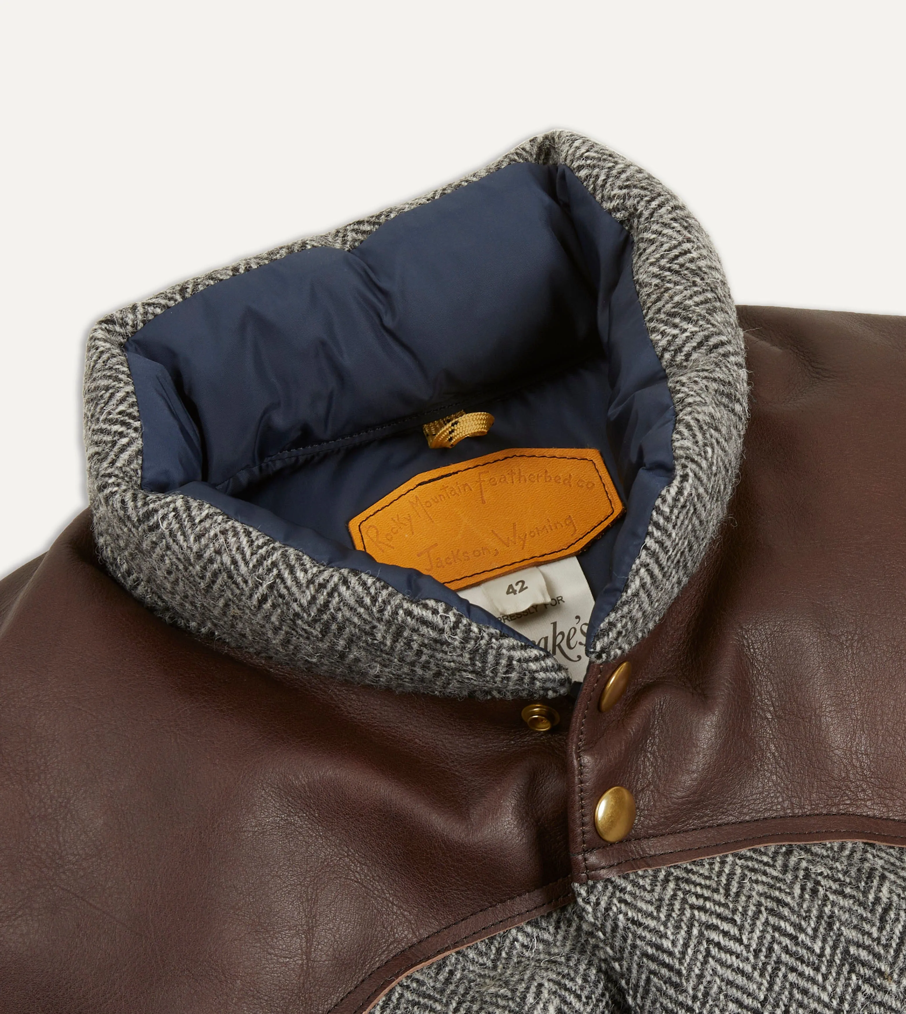 Rocky Mountain Featherbed for Drake's Herringbone Harris Tweed Leather Christy Down Vest ReflectiveDetails