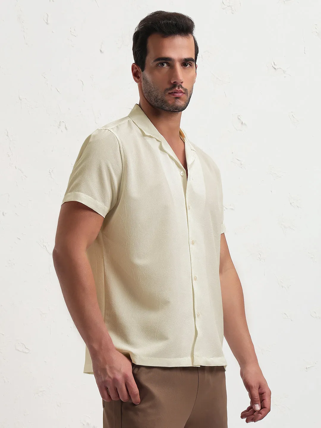 WrinkleFree Fabric Men's Beige Cuban Collar Relaxed Fit Shirt