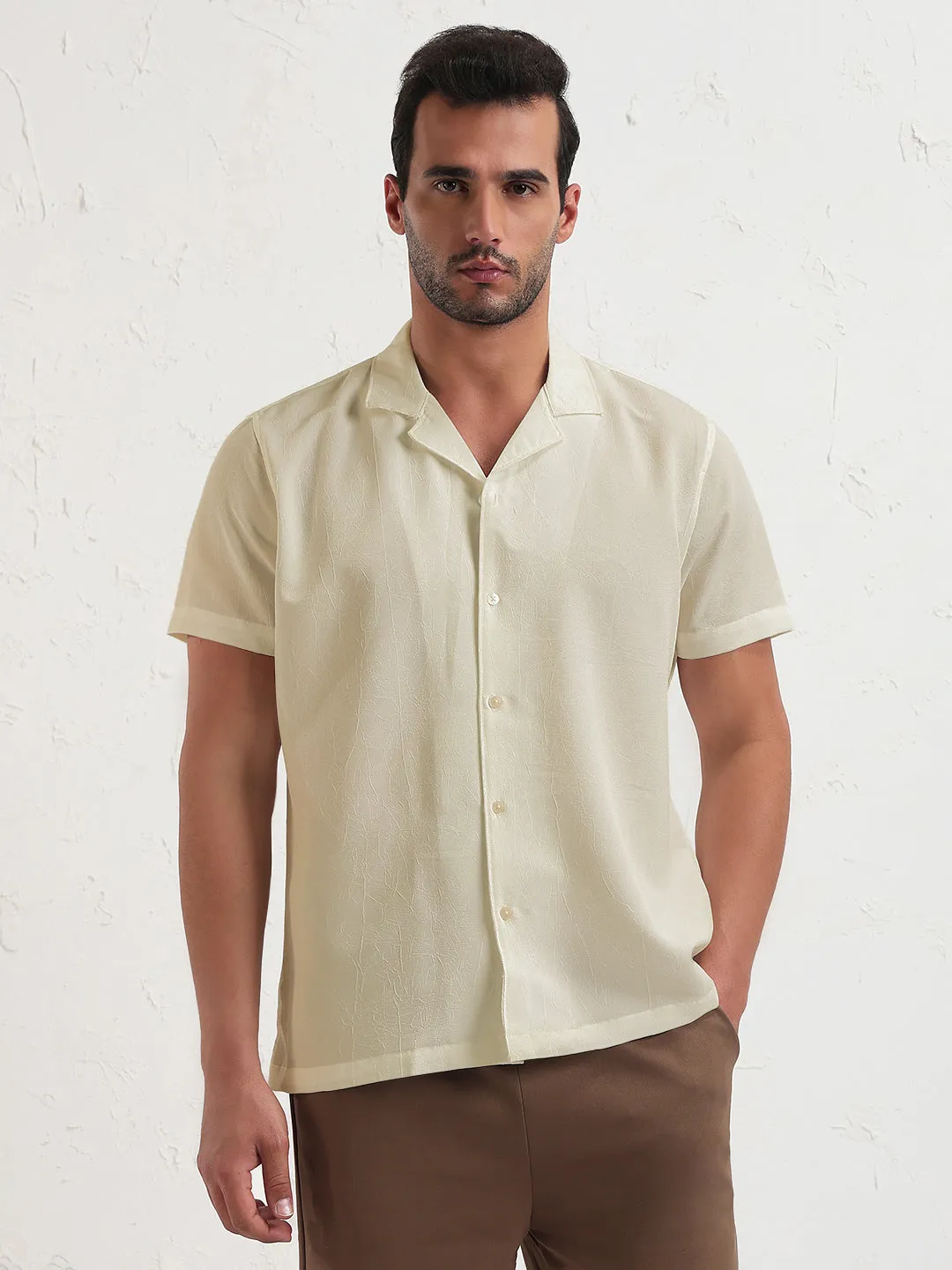 Stylish accessories Men's Beige Cuban Collar Relaxed Fit Shirt