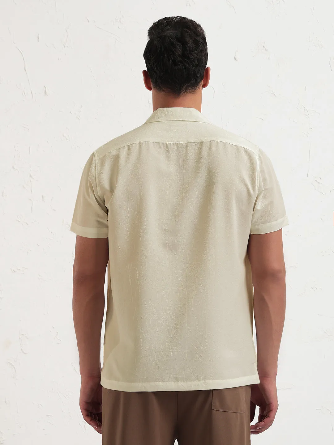 Easy Layering Men's Beige Cuban Collar Relaxed Fit Shirt