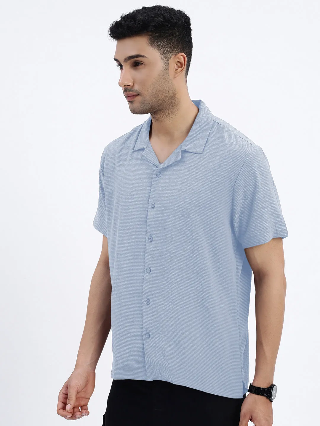 Men's Blue Cuban Collar Relaxed Fit Shirt Lake Glow Casual Look
