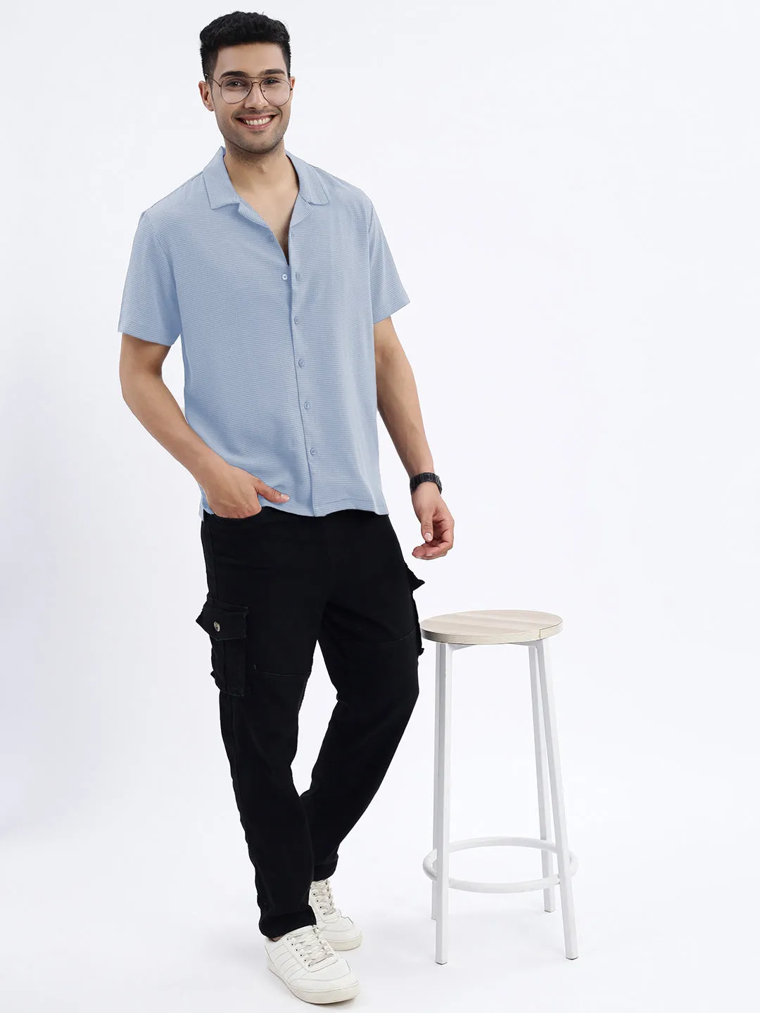 Men's Blue Cuban Collar Relaxed Fit Shirt LightweightInsulation