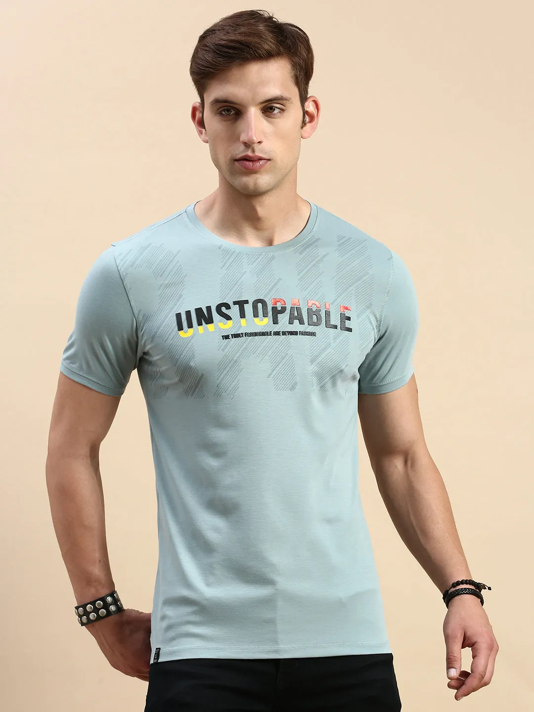 Men's Sea Green Typography Printed Slim Fit T-shirt Minimal Fit