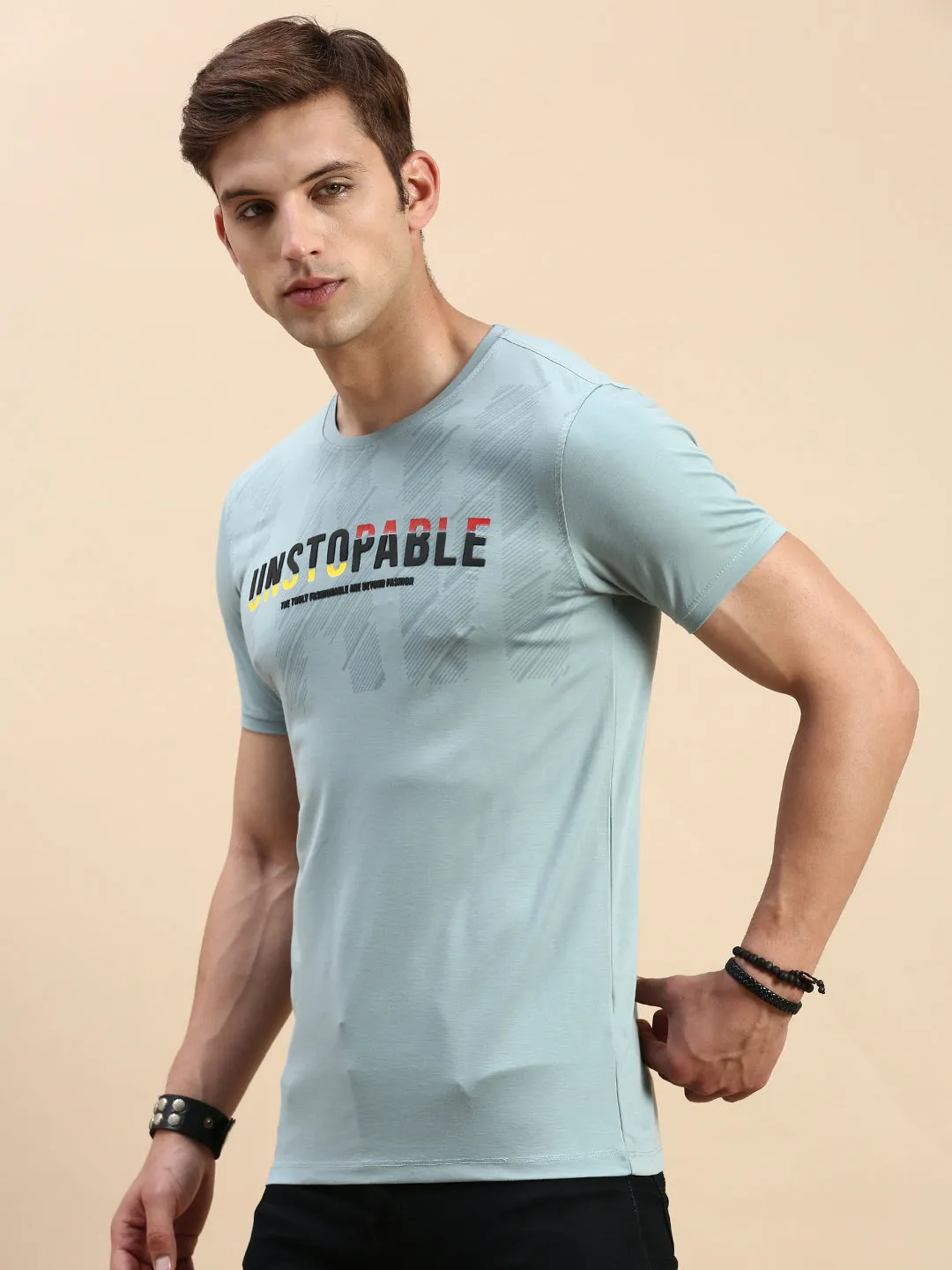 old people right for formal events Men's Sea Green Typography Printed Slim Fit T-shirt