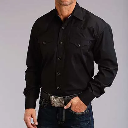 Stetson Men's Classic Solid Snap Poplin Shirt in Black Smart Fit Eco Friendly Dye
