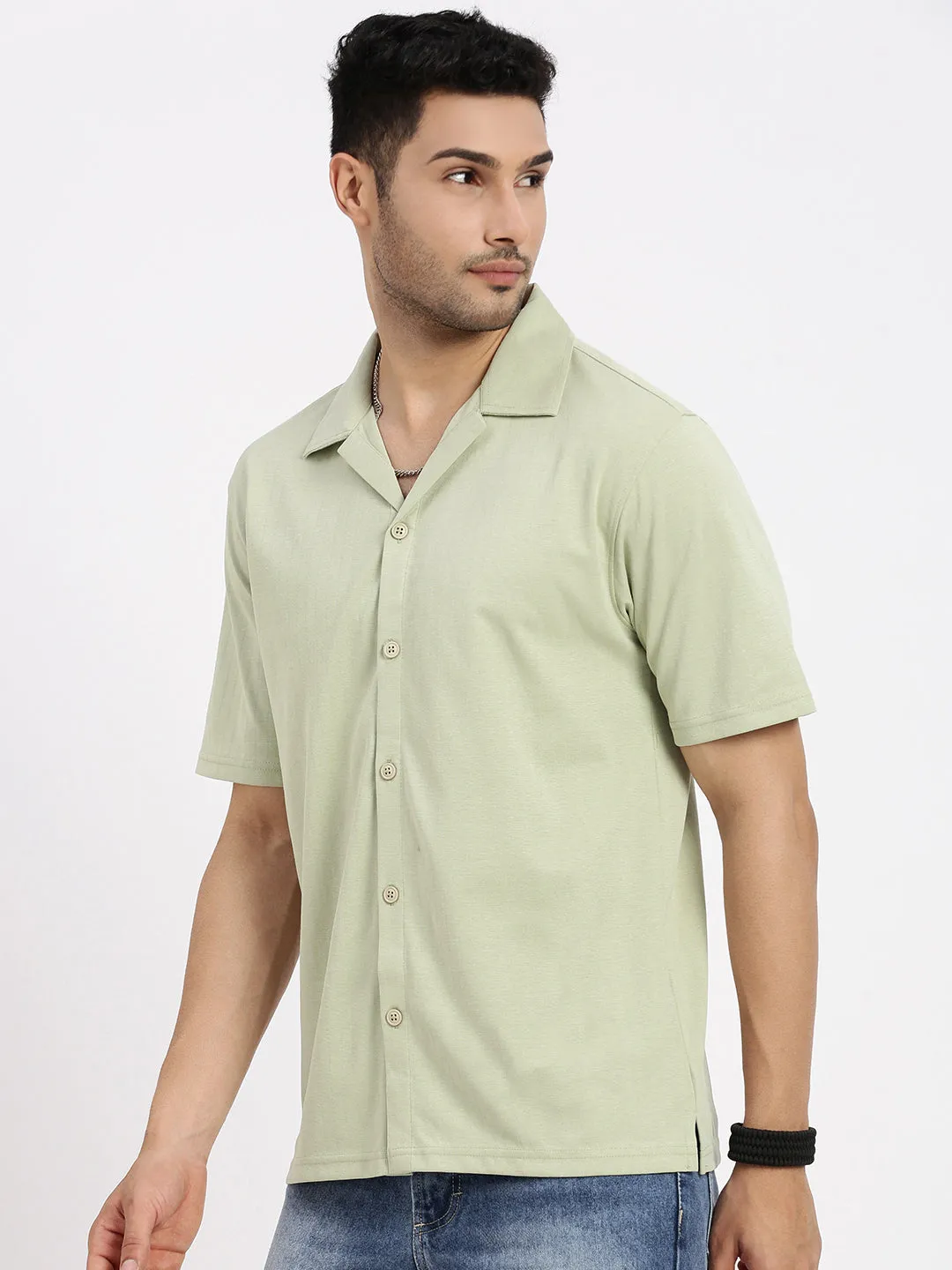 Polish Core CompressionEnhanced Fit Men's Green Cuban Collar Solid Shirt
