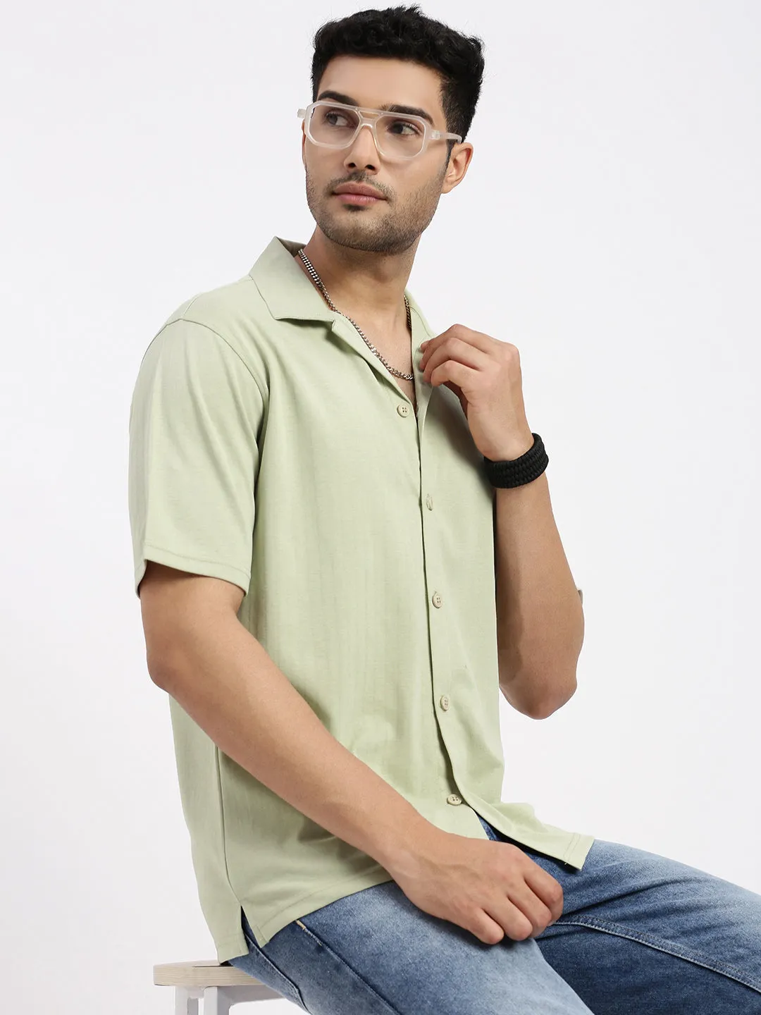 Men's Green Cuban Collar Solid Shirt Bold Core