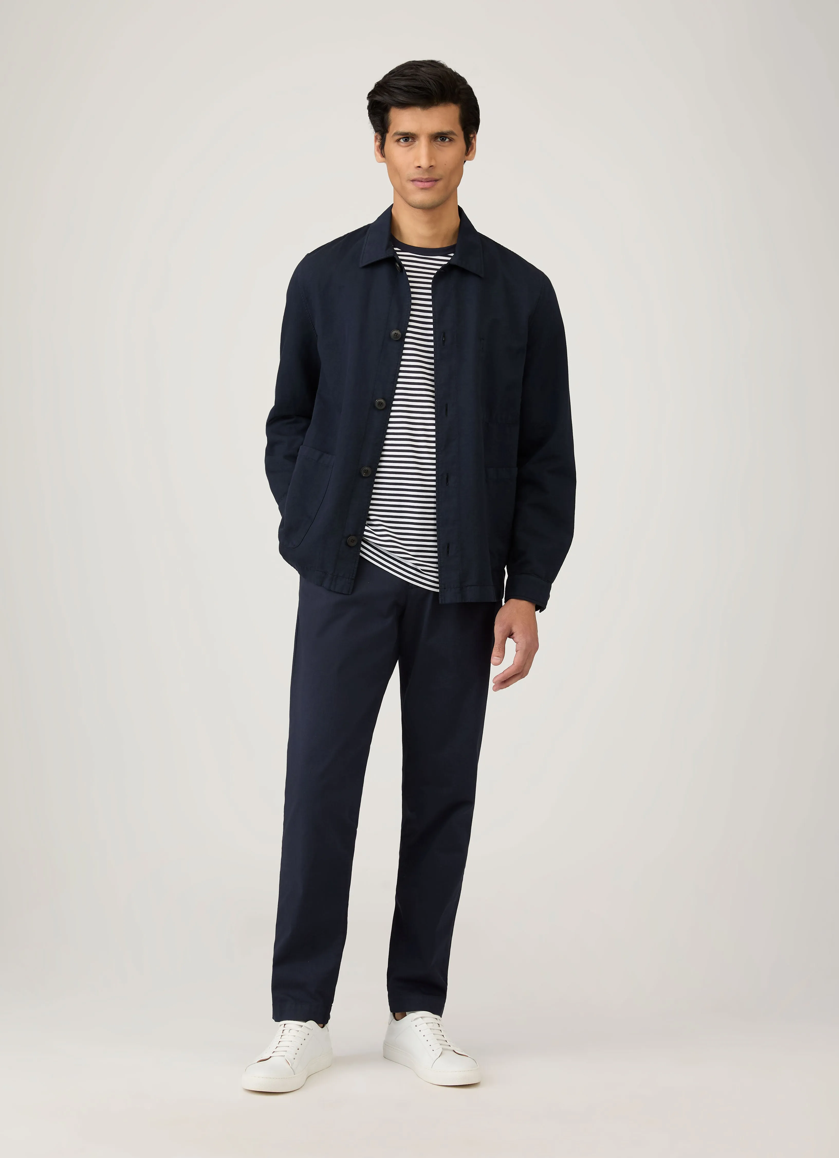 Distressed Hem Finish Men's Classic Long Sleeve T-shirt in Navy/White English Stripe