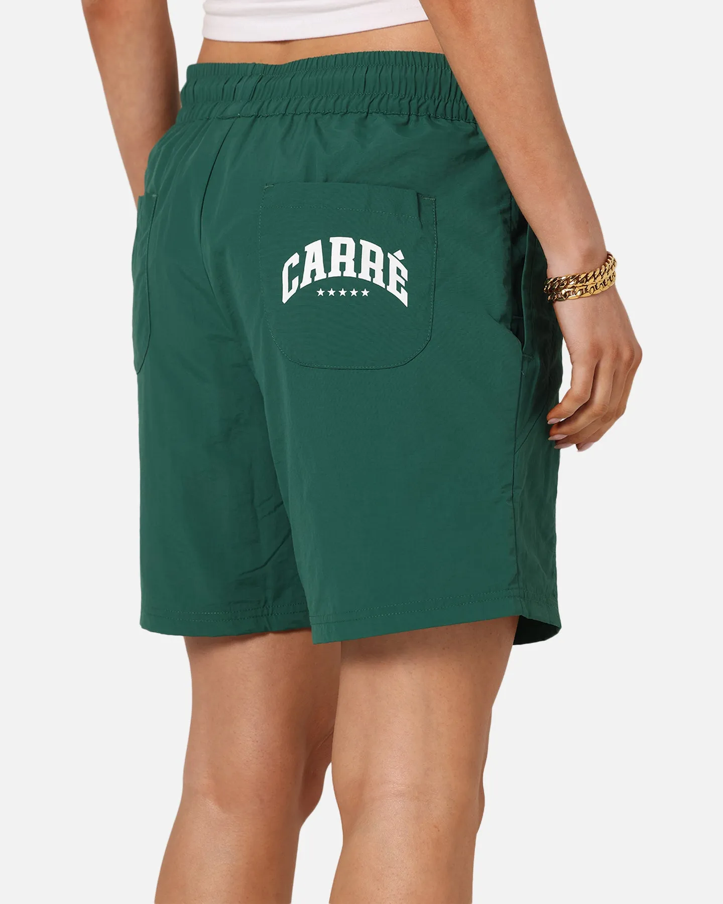 Casual Fit Design Sustainable Carre Panelled Nylon Shorts Green