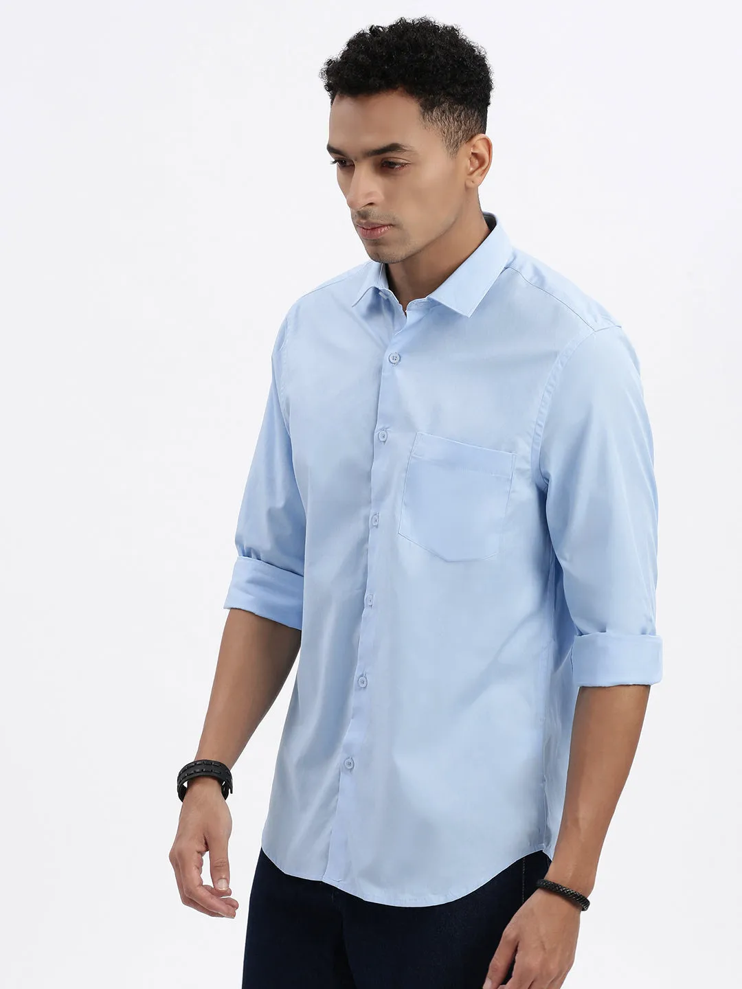 Men's Blue Solid Slim Fit Formal Shirt quick dry Ocean Glow