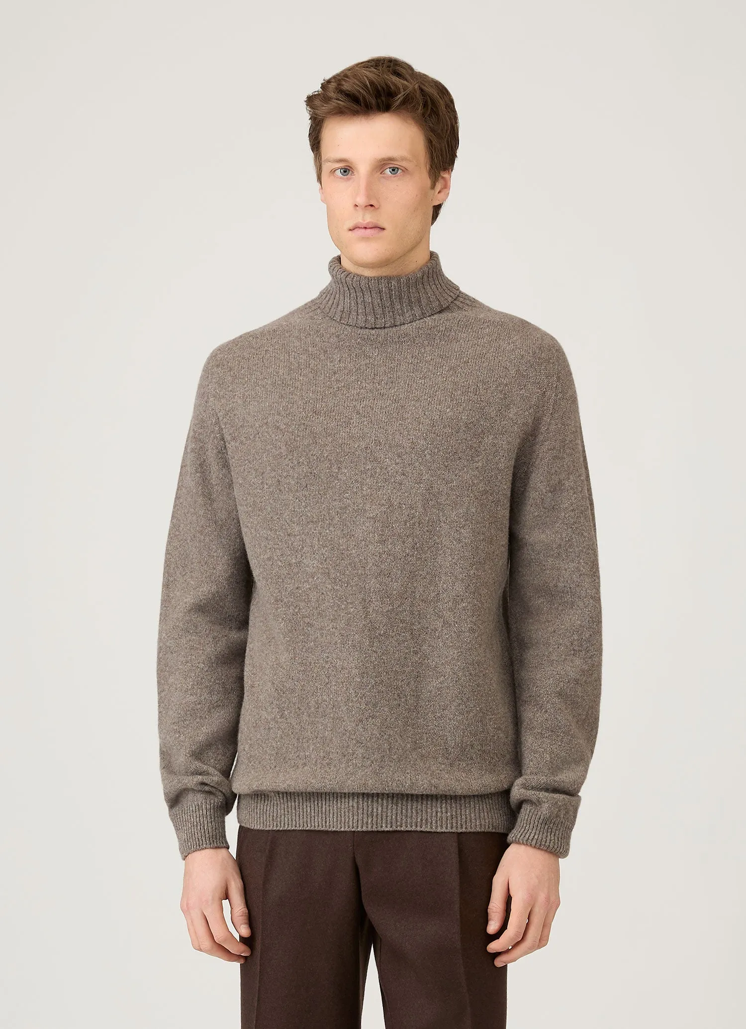 Men's Lambswool Roll Neck in Bark StretchWeave Fabric Layering Piece
