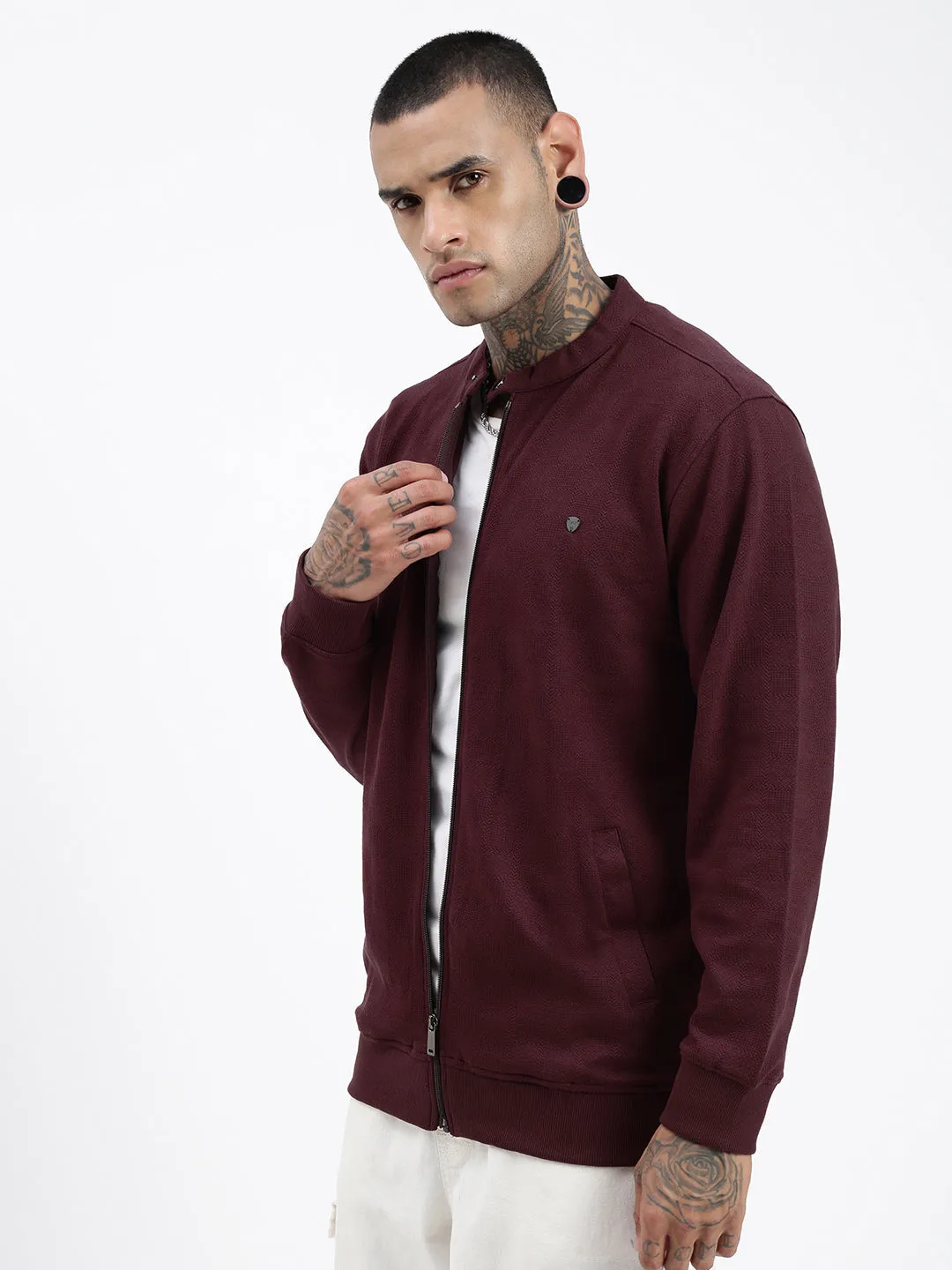 Men's Brown Solid Round Neck Sweatshirt product patchwork creativity jersey