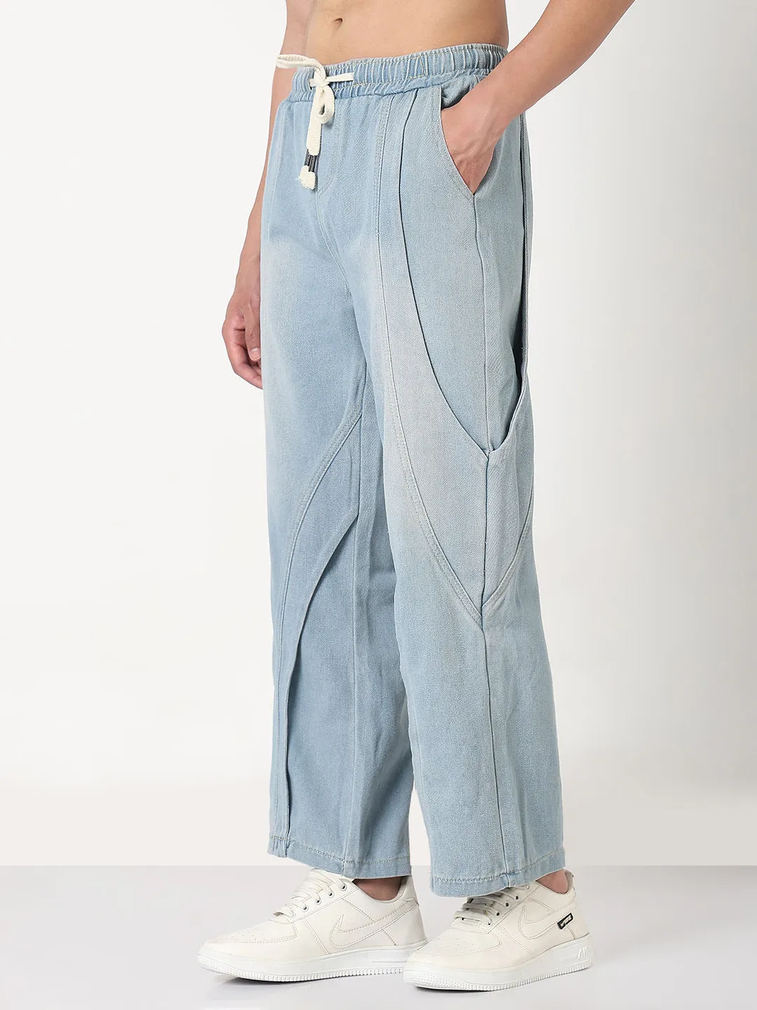 Men's Blue Washed Straight Fit Drawstring Jeans Relaxed Waistband Street Essential